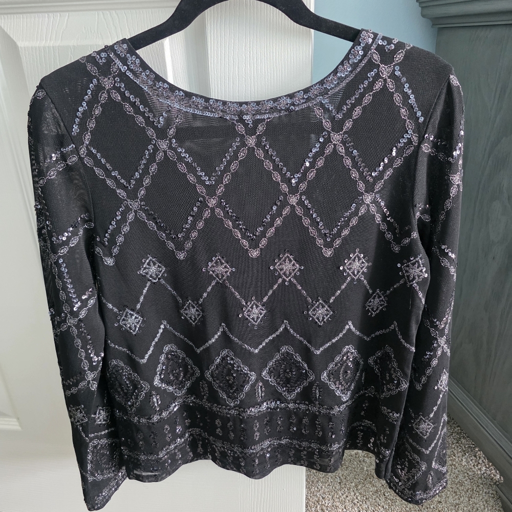 Express Black Long-Sleeve Sequin Geometric Top